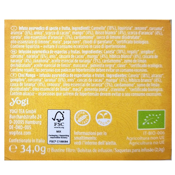 Erboristeria Shop Online | Integratori Naturali 13 - Secondo Natura Yogi Tea Chai Mango Etichetta - Secondo Natura